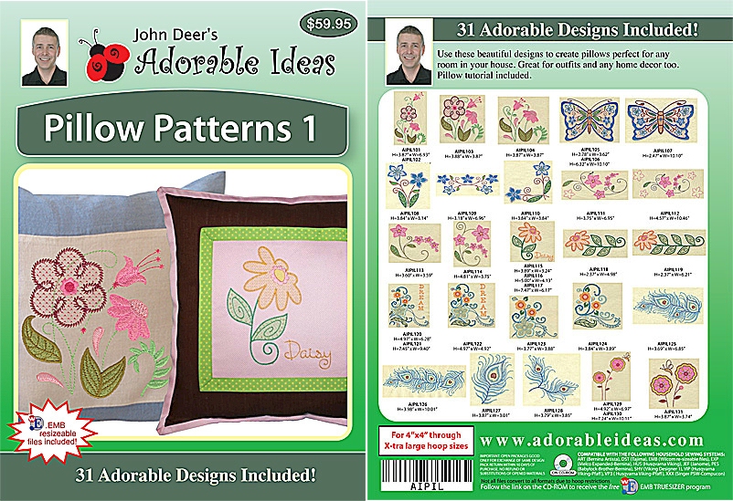 Pillow Patterns 1 Embroidery Designs by John Deer's Adorable Ideas - Multi-Format CD-ROM