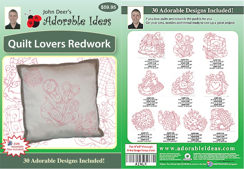 Quilt Lovers Redwork Embroidery Designs by John Deer's Adorable Ideas - Multi-Format CD-ROM