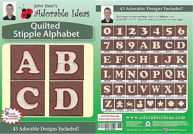 Quilted Stipple Alphabet Embroidery Designs by John Deer's Adorable Ideas - Multi-Format CD-ROM