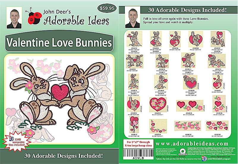 Valentine Love Bunnies Embroidery Designs by John Deer's Adorable Ideas - Multi-Format CD-ROM