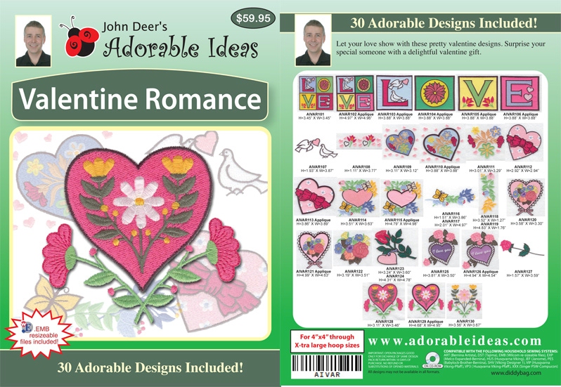 Valentine Romance Embroidery Designs by John Deer's Adorable Ideas - Multi-Format CD-ROM