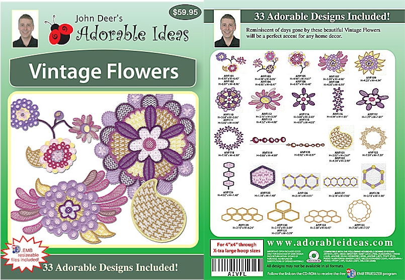 Vintage Flowers Embroidery Designs by John Deer's Adorable Ideas - Multi-Format CD-ROM