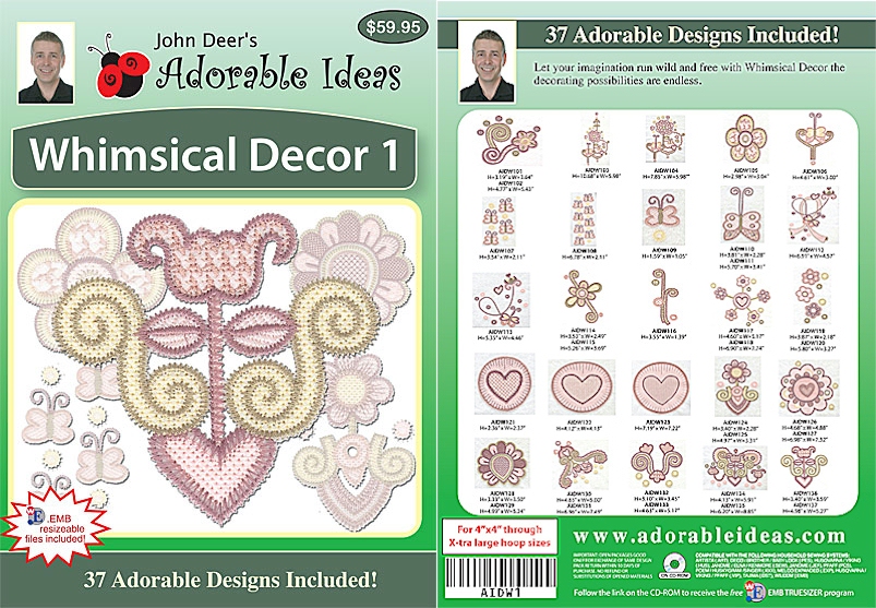 Whimsical Decor 1 Embroidery Designs by John Deer's Adorable Ideas - Multi-Format CD-ROM - CLOSEOUT