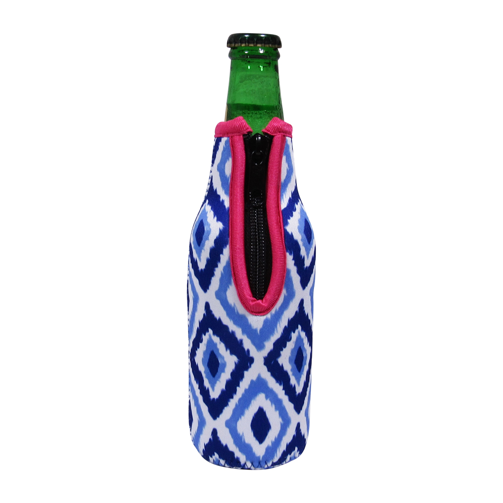 The Coral Palms® 12oz Long Neck Zipper Neoprene Bottle Coolie - Blue Ikat Ogee Collection - CLOSEOUT
