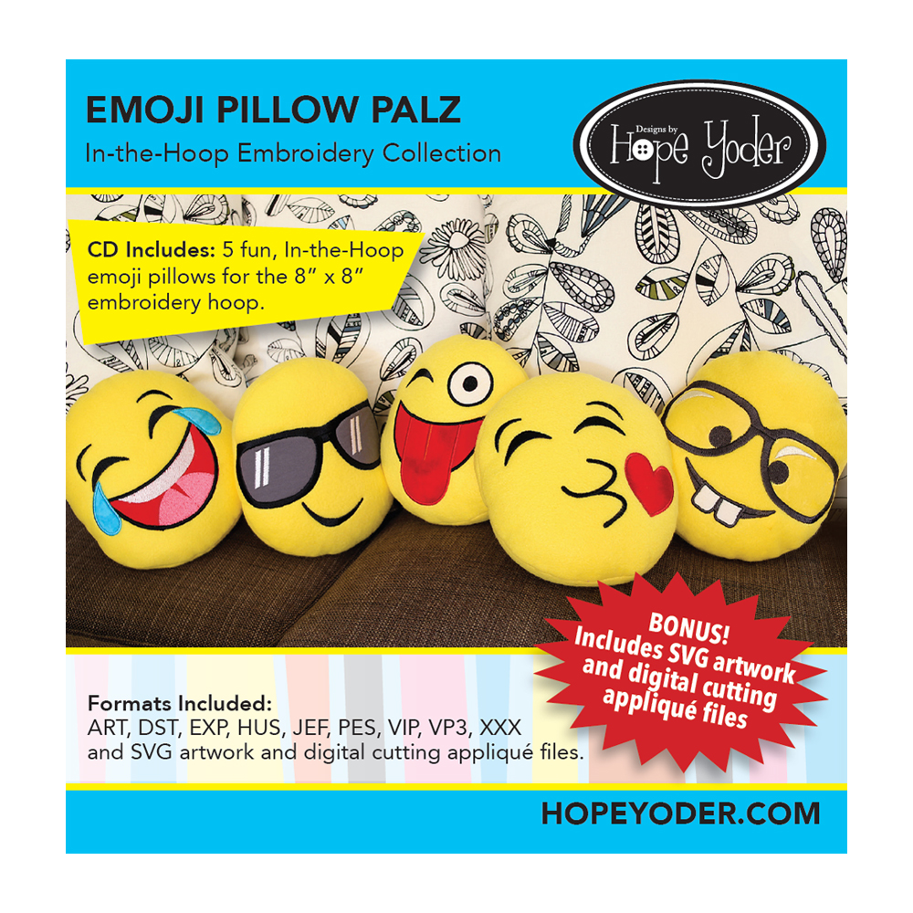 Emoji Pillow Palz Embroidery Design + SVG Collection CD-ROM by Hope Yoder