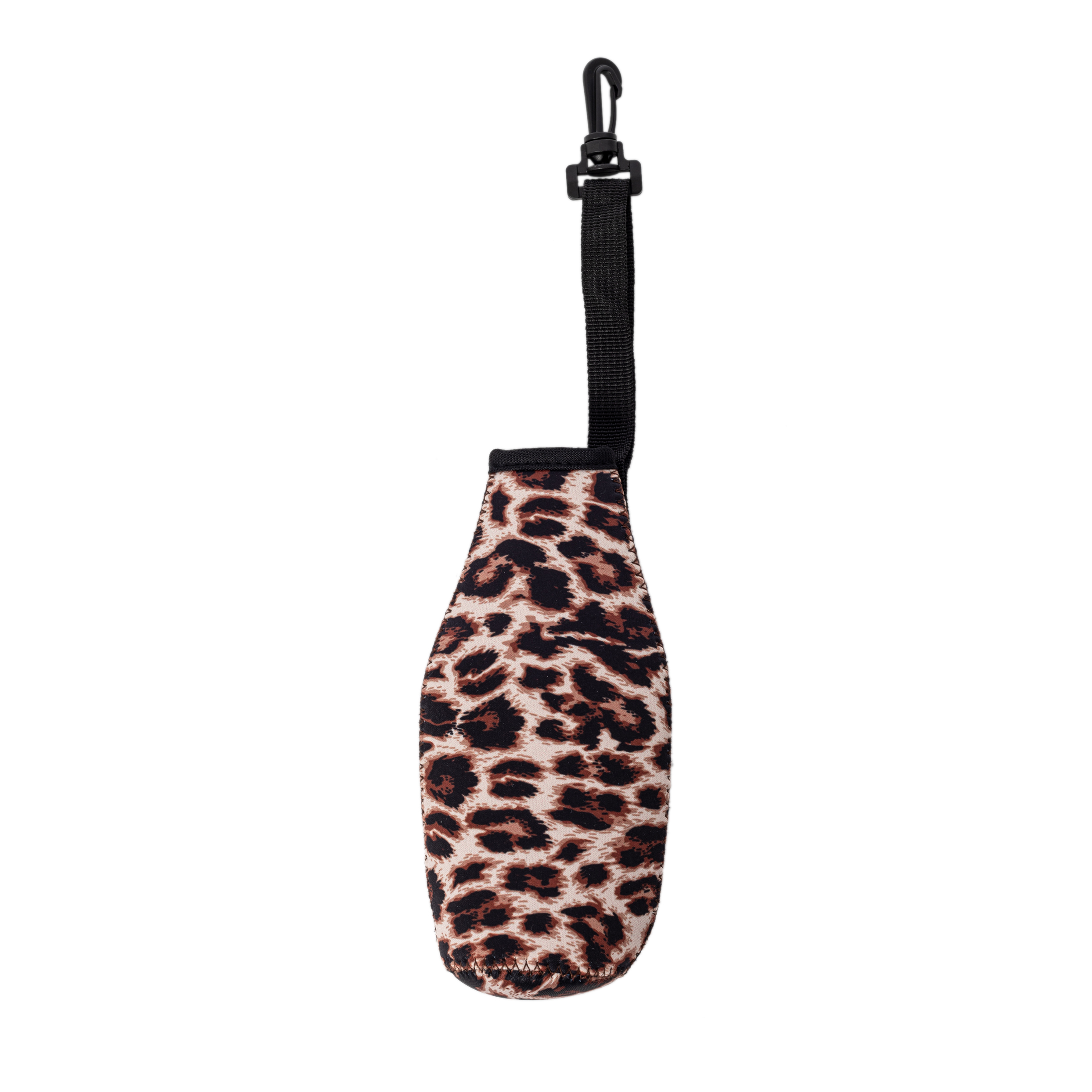 The Perfect Float Trip  12oz Long Neck Zipper Neoprene Bottle Coolie with Built-in Hand Sanitizer Holder - Leopard Print - CLOSEOUT